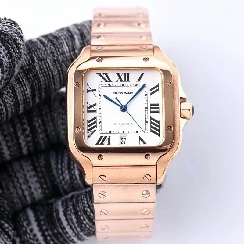 Stainless Steel Mechanical Sports Watch Square Roman Dial Black Leather High Quality Men's Automatic Watch