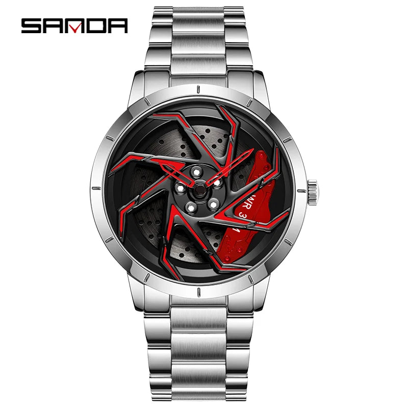 SANDA P1088 Hot Sell New Stainless Steel Band Watch Premium Quartz Movement Shaped 360 Rotating Car Wheel Dial Relogio Masculino