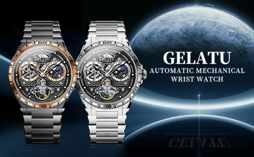 GELATU 6020 Trend Men's Watches Multifunctional Automatic Mechanical Watch for Men Flywheel Hollow out Moon Phase Wristwatch Man
