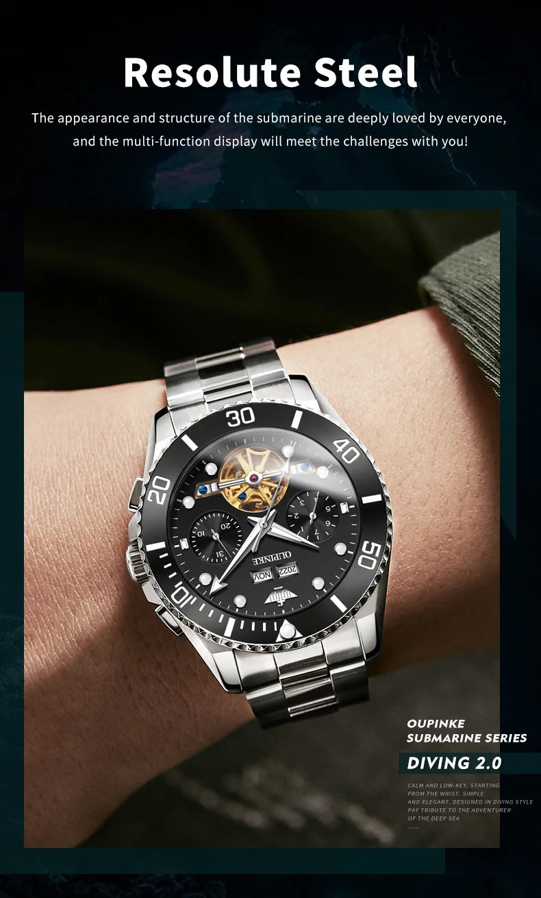 OUPINKE Automatic Mechanical Watches for Men White Black Panda Eye Skeleton Luxury Top Brand Sapphire Mirror Male Diving Watches