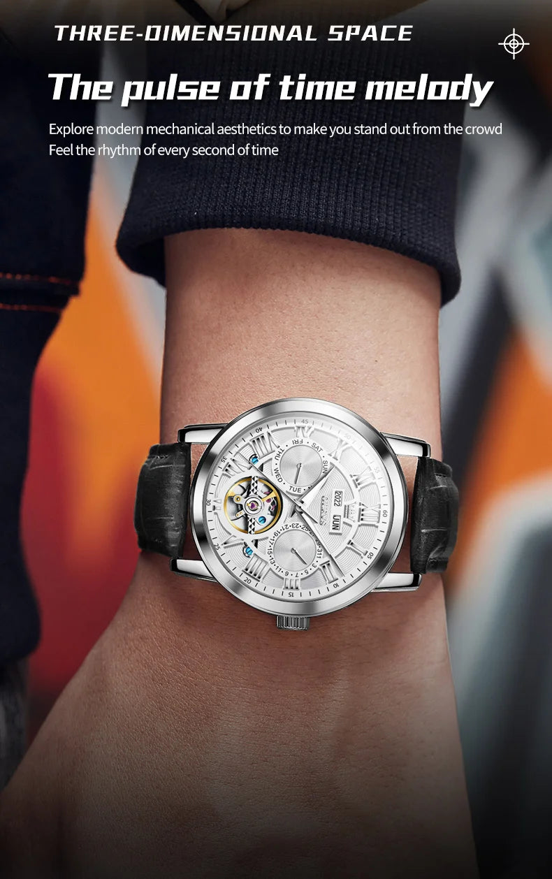 OLEVS 6668 Luxury Skeleton Automatic Mechanical Men Watch Top Brand Movement Roman Scale Calendar Waterproof Business Men Watch