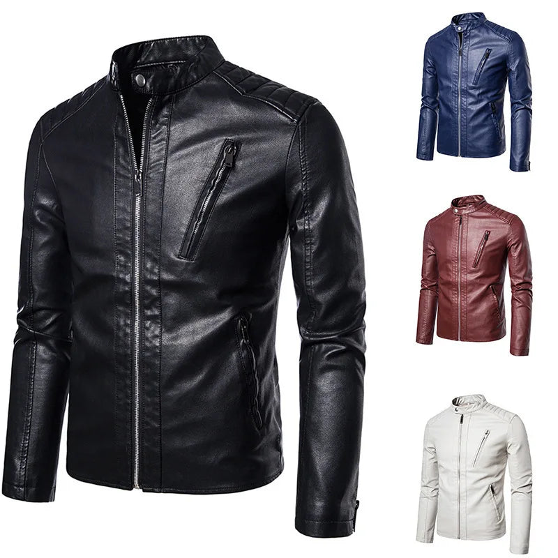 Korean Man Autumn Leather Jacket Stand Collar Long Sleeve Men Bomber Coat Fashion Motorcycle Punk Outdoor Zipper Male Outerwear