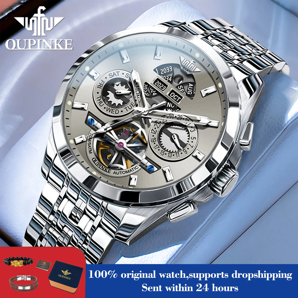 OUPINKE 3251 Watch For Men Auto Date Hollow Skeleton Luxury Automatic Mechanical Hand Clock Top Brand Waterproof Man Watches
