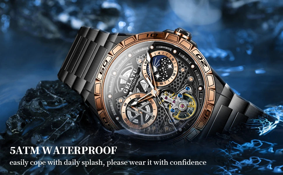 GELATU 6020 Trend Men's Watches Multifunctional Automatic Mechanical Watch for Men Flywheel Hollow out Moon Phase Wristwatch Man