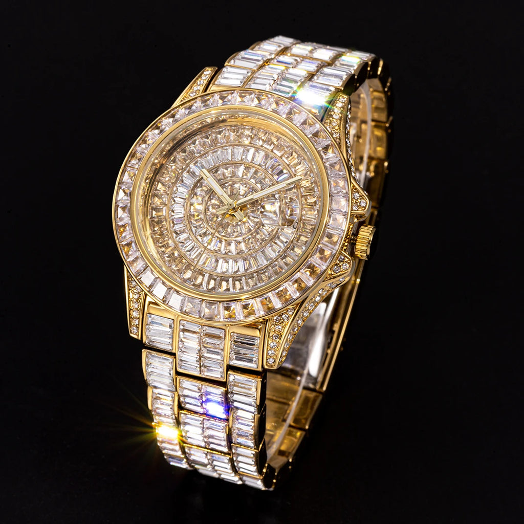 Full Iced Out Watches For Men Luxury Handmade Mosaic Diamond Silver Steel Watch Fashion Hip Hop Silver Automatic Date Male Clock