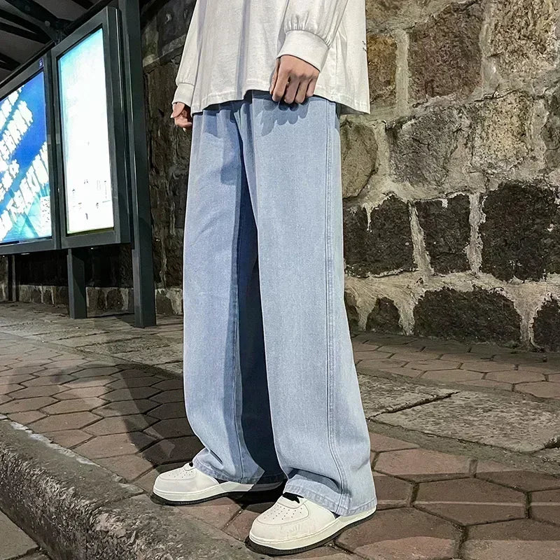 2025 New Streetwear Loose Jeans Men Korean Style Fashion Loose Straight Wide Leg Pants Men's Brand Clothing Black Light Blue