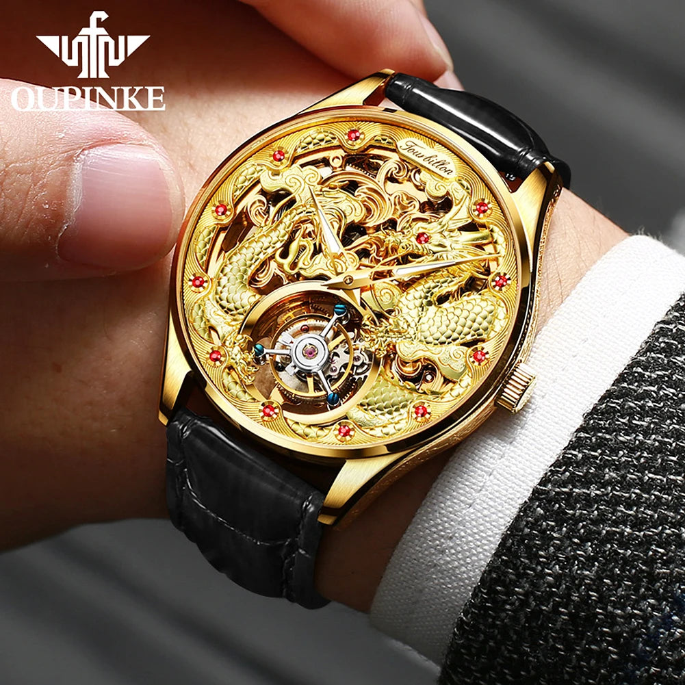 OUPINKE 3176 Top Brand Tourbillon Watch for Men Original Leather Strap Golden Dragon Design Automatic Mechanical Movement Watch