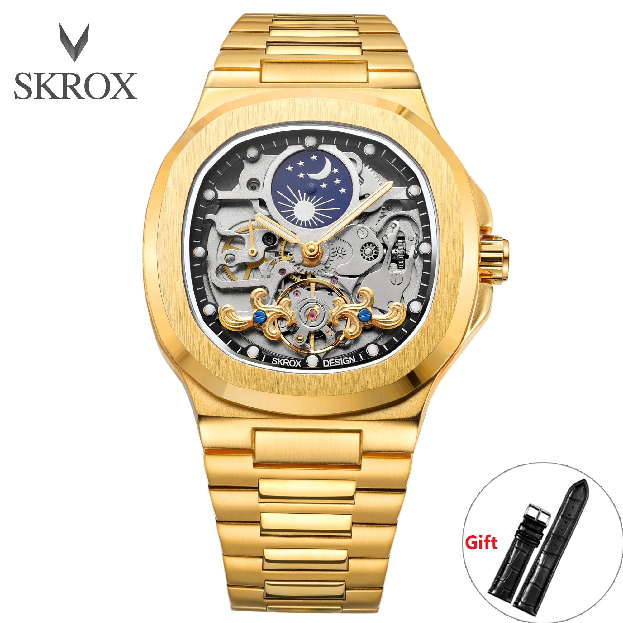 2025 High-end Luxury SKROX Square Man Watch Sapphire Stainless Steel Skeleton Moon Phase Classic Automatic Movement Male Watches