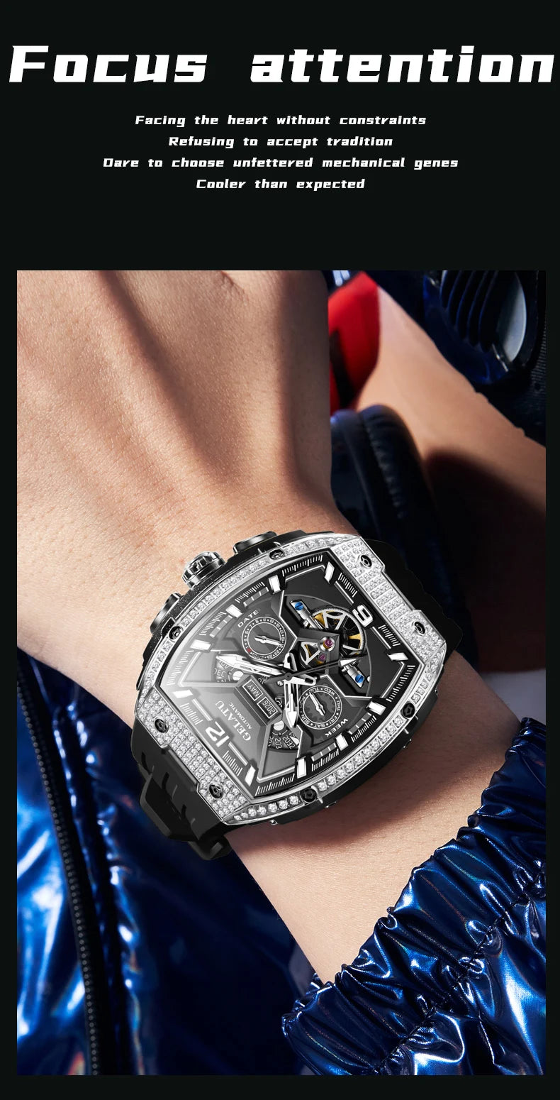 GELATU Top Brand Men's Watches Full Automatic Wristwatch for Man Hollow Mechanical Flywheel Date Week Waterproof Luminous