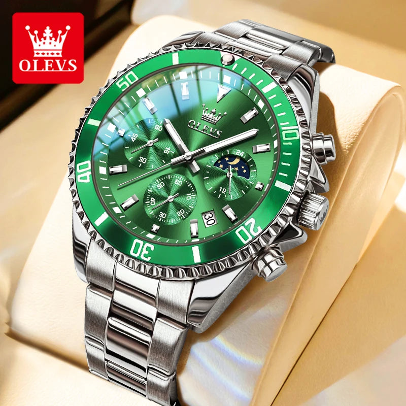 OLEVS Moon Phase Men's Watches Original Waterproof Luxury Quartz Watch Stainless Steel Chronograph Date Rota Dial Wristwatch