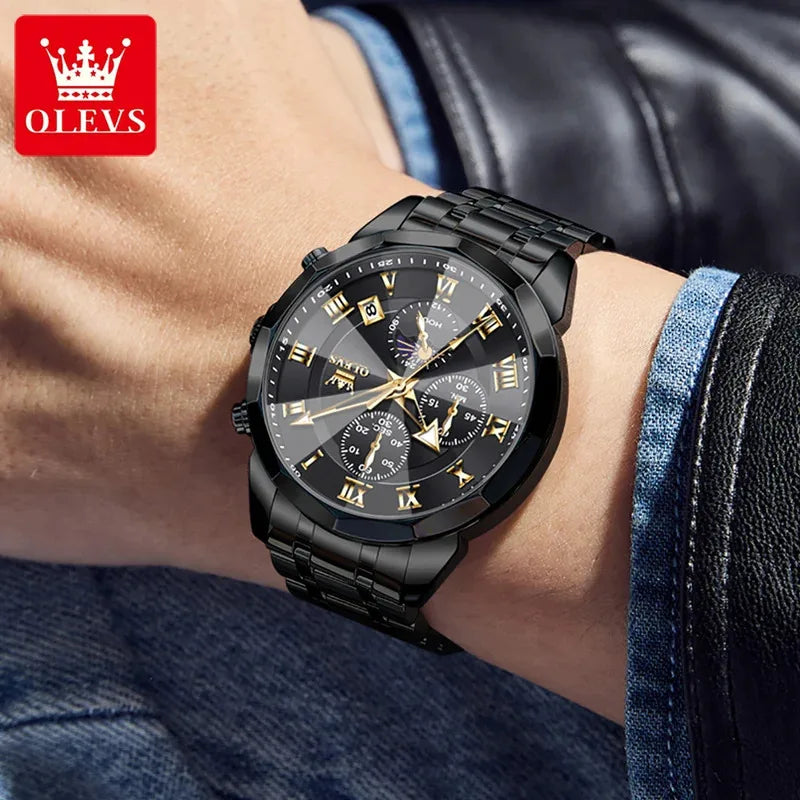 OLEVS 3675 Men's Multifunctional Chronograph Quartz Watch Waterproof Moon Phase Display Fashionable Gift for Men