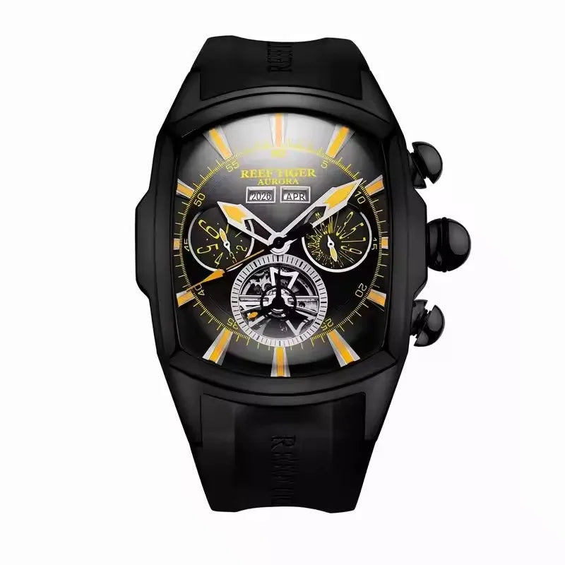 Reef Tiger 316L Stainless Steel Wine Barrel Automatic Watch Fashion Mulitfunction Tourbillon Mechanical Watches for Men RGA3069