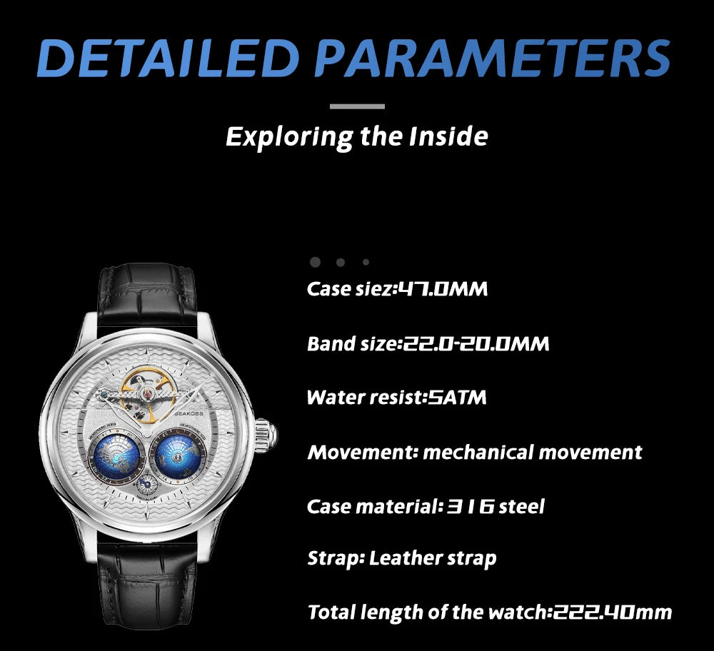 SEAKOSS Luxury Double Earth Rotating Men's Mechanical Watch Automatic Movement Waterproof Clock Pilots Men 1963 Flywheel Watches