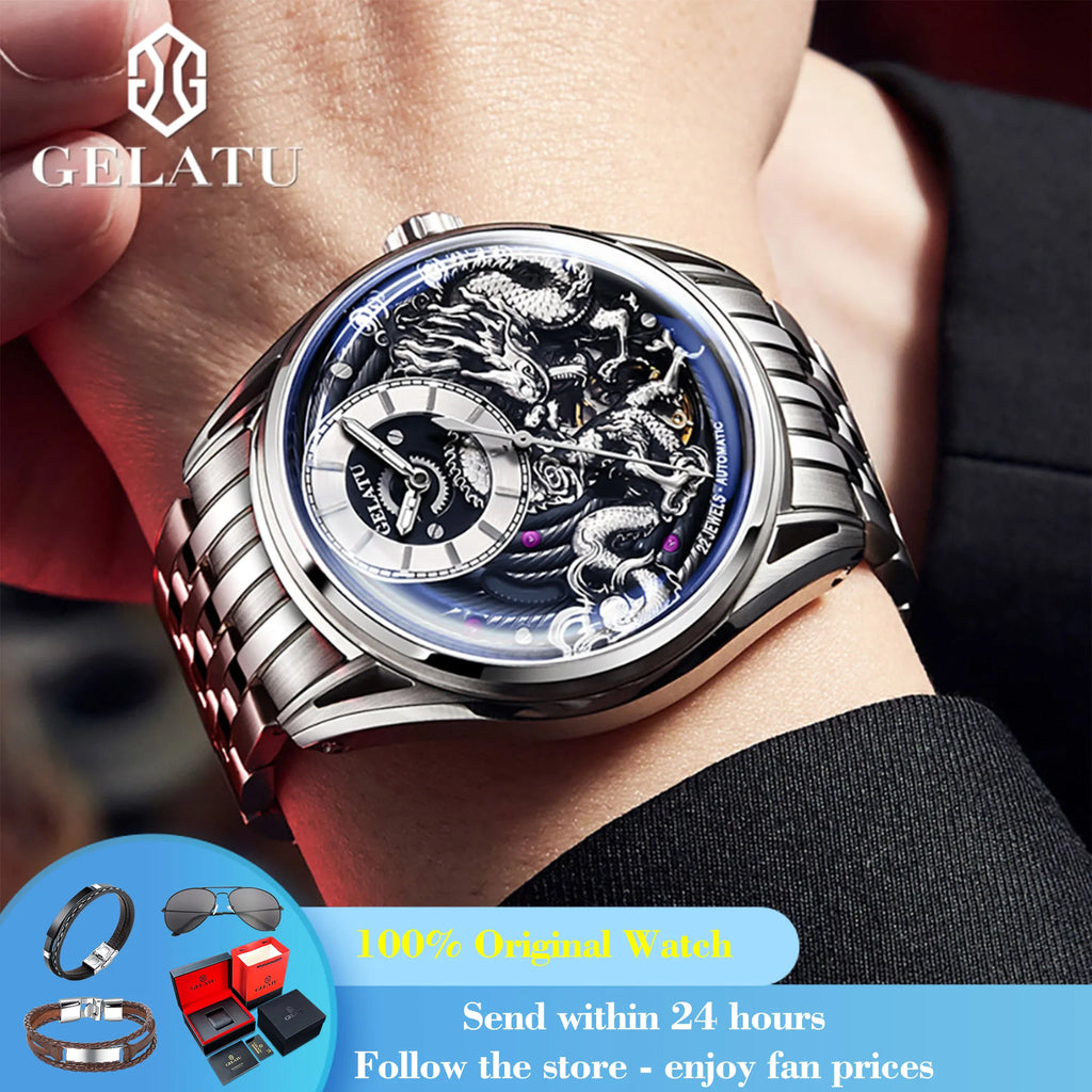 GELATU 6018 Men's Watch Top Brand Original Mechanical Watch For Men 50M Waterproof Luxury Hollow Dragon Automatic Wristwatch