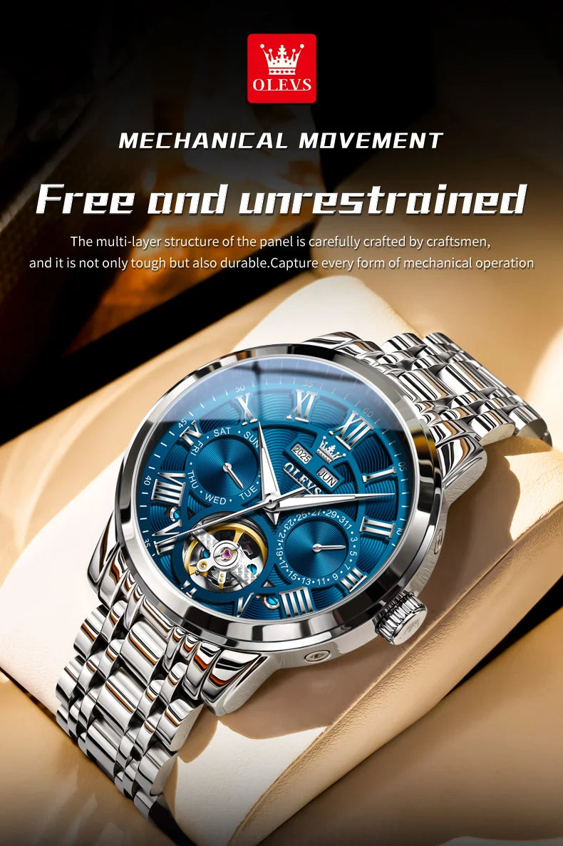 OLEVS 6668 Luxury Skeleton Automatic Mechanical Men Watch Top Brand Movement Roman Scale Calendar Waterproof Business Men Watch