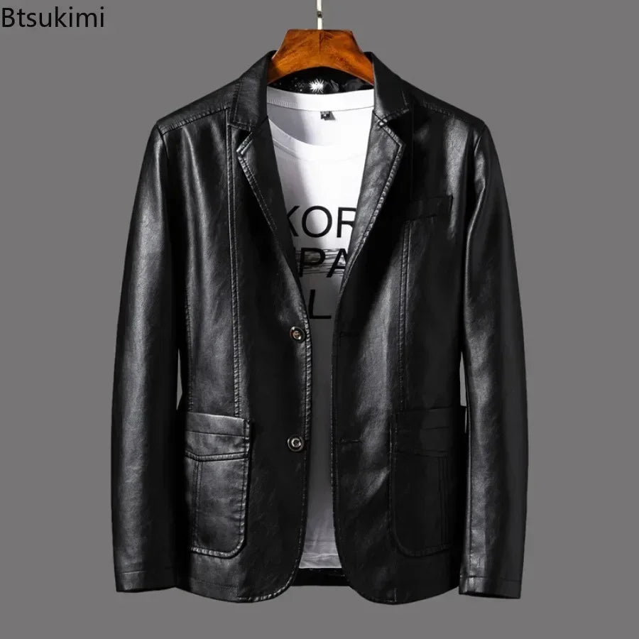 2025 Men's Leather Jackets Lapel Business Leather Jackets Men Pu Blazers Korean Style Slim Fashion Leather Coat Plus Size M-6XL