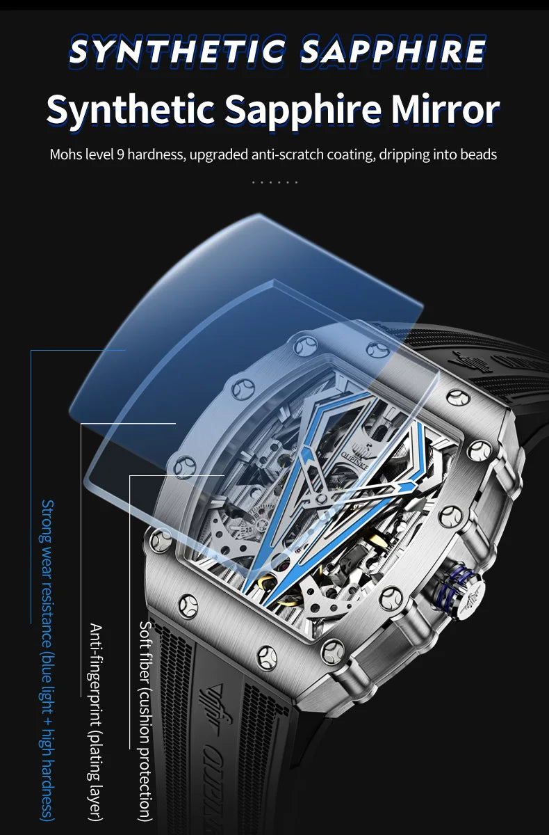 OUPINKE 3179 Men's Watches Top Brand Skeleton Tonneau Automatic Mechanical Luxury Original Watch for Men 5m Waterproof Man Watch