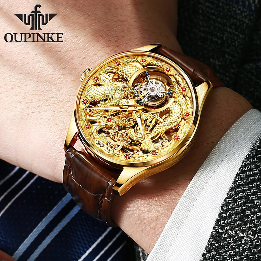 OUPINKE Tourbillon Mens Watch Luxury Automatic Mechanical Watches Skeleton Hollow Dragon Wristwatch Men