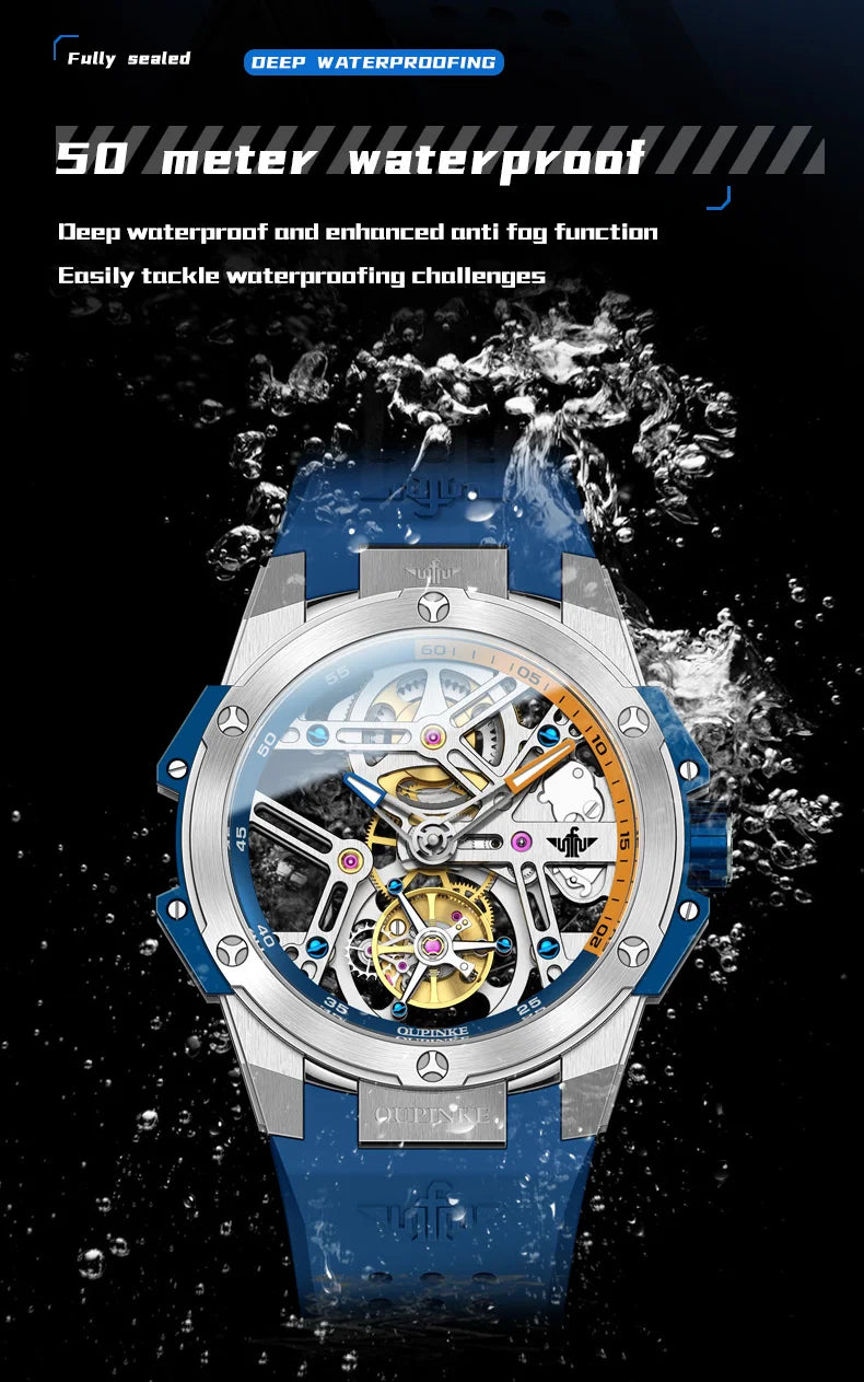 OUPINKE 8003 Tourbillon Men Watch Luxury Brand Hollow out Automatic Mechanical Watch Silicone Waterproof Sapphire Mirror Watch