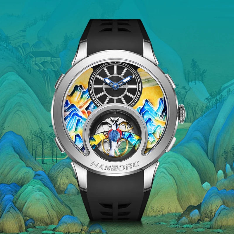 HANBOROThousand Miles Series Oil Painting Personalized Dial Magpie Skeleton Balance Wheel Design Men's Automatic MechanicalWatch