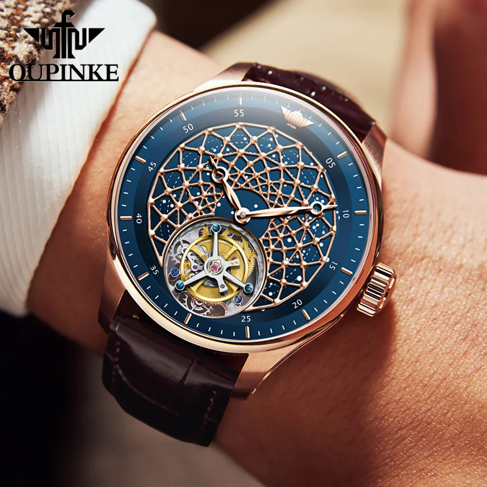 OUPINKE 8002 Watch Man Hollow Deep Waterproof Tourbillon Mechanical Watch For Men Synthetic Sapphire Mirror Fashion Hand Clock