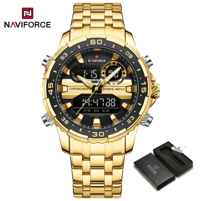 NAVIFORCE Men's Watch Luxury Waterproof Sports Chronograph Quartz Steel Band Wristwatch Digital Date and Week Display Male Clock