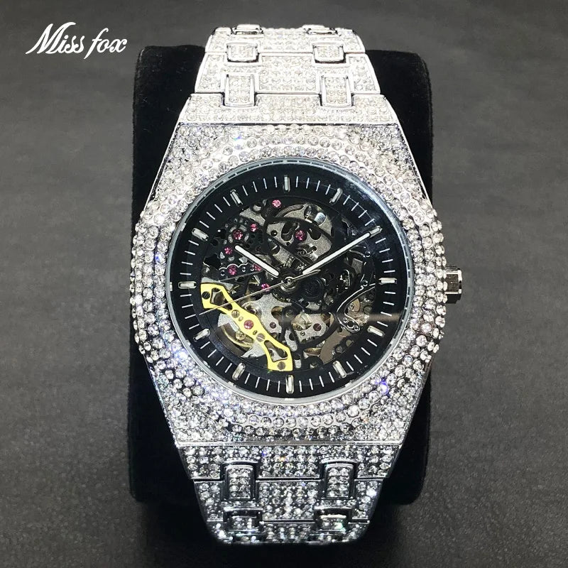 Automatic Watch For Men Luxury Full Ice Out  Hip Hop Tourbillon Watches Bling Diamond Gold Male Mechanical Clock Dropshipping