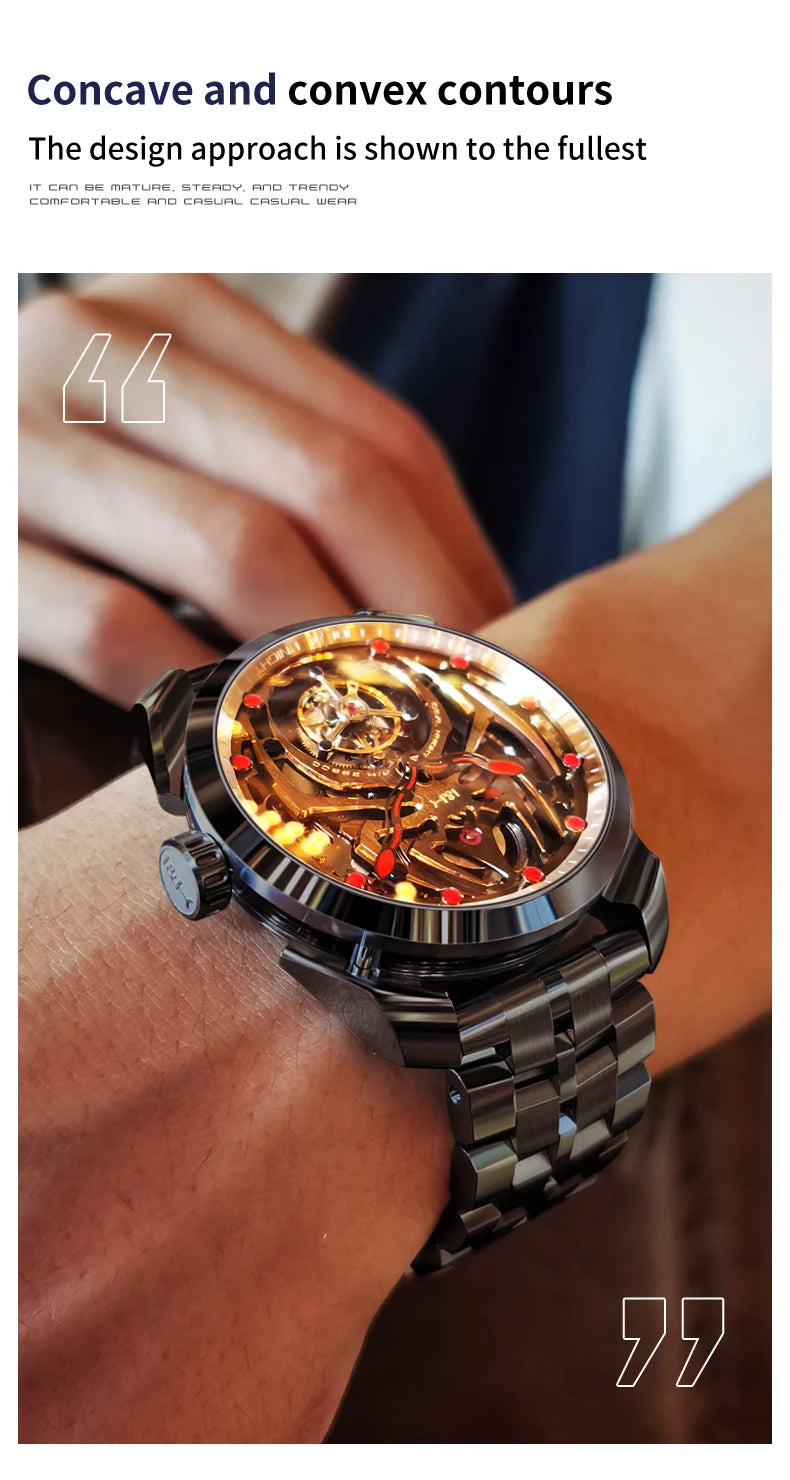 IDEAL KNIGHT 6802 Automatic Watch For Men Hollow Skeleton Mechanical Wristwatch Waterproof Tourbillon Man Watch Sapphire Mirror