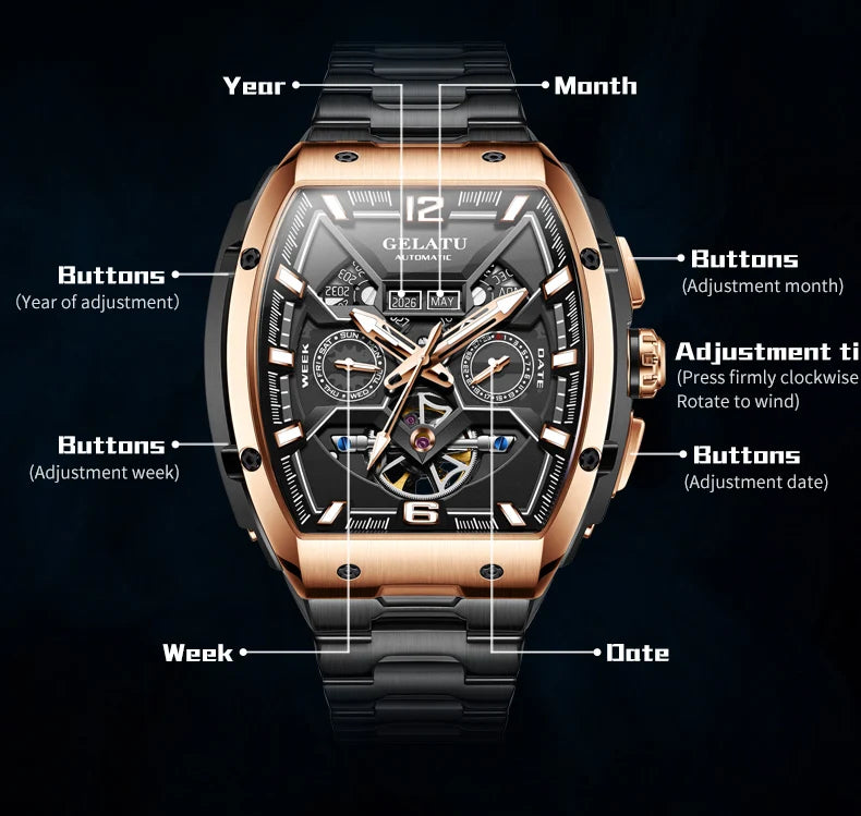 GELATU 6013 Hollow out Original Men Watch Top Luxury Fashion Waterproof Luminous Men's Automatic Mechanical Watch Sports Watch