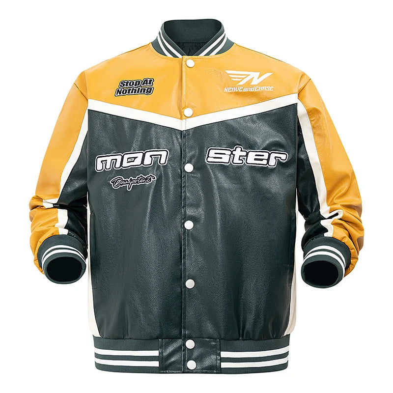 Mens PU Leather Jacket Motorcycle Bomber Jacket Letter Embroidery Coats Leather Vintage Racing Windbreaker Outerwear Streetwear