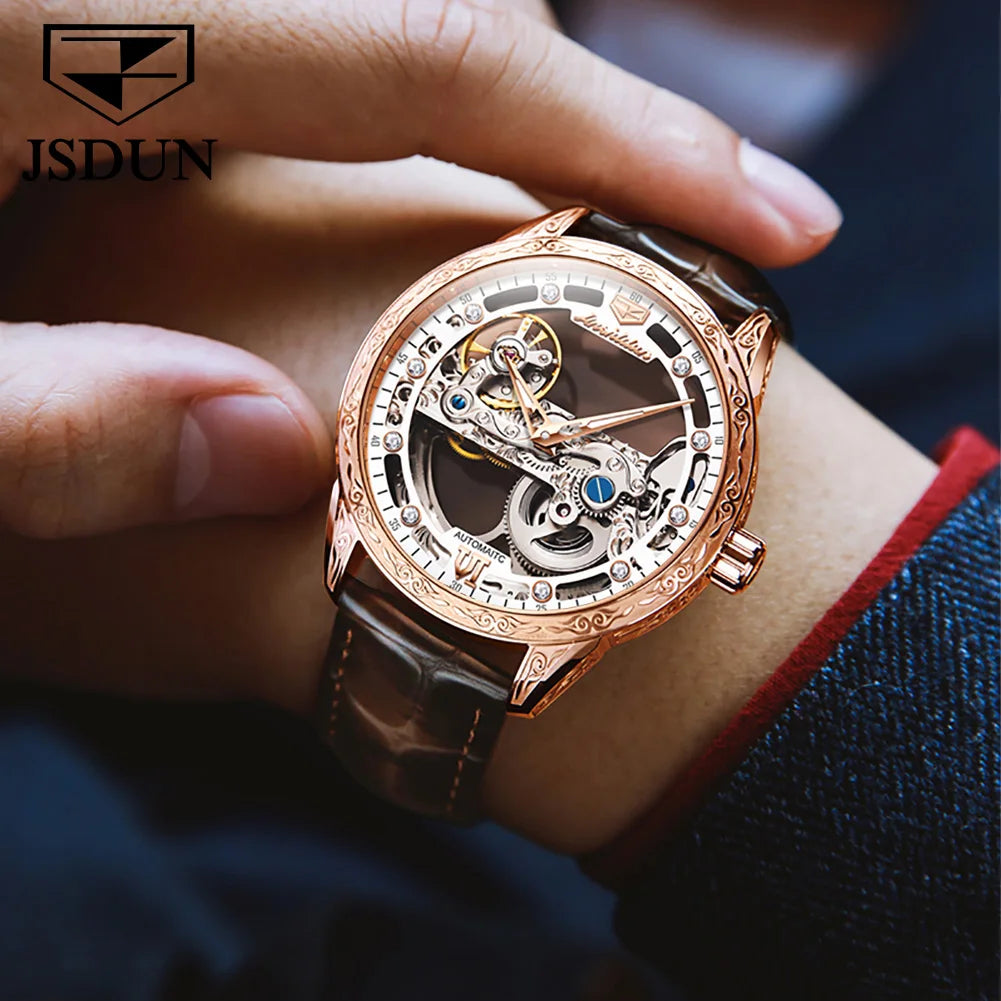 JSDUN 8917 Mens Watch Leather Strap Original Business Multifunctional Mechanical Watch﻿ Waterproof Watches For Man Gifts