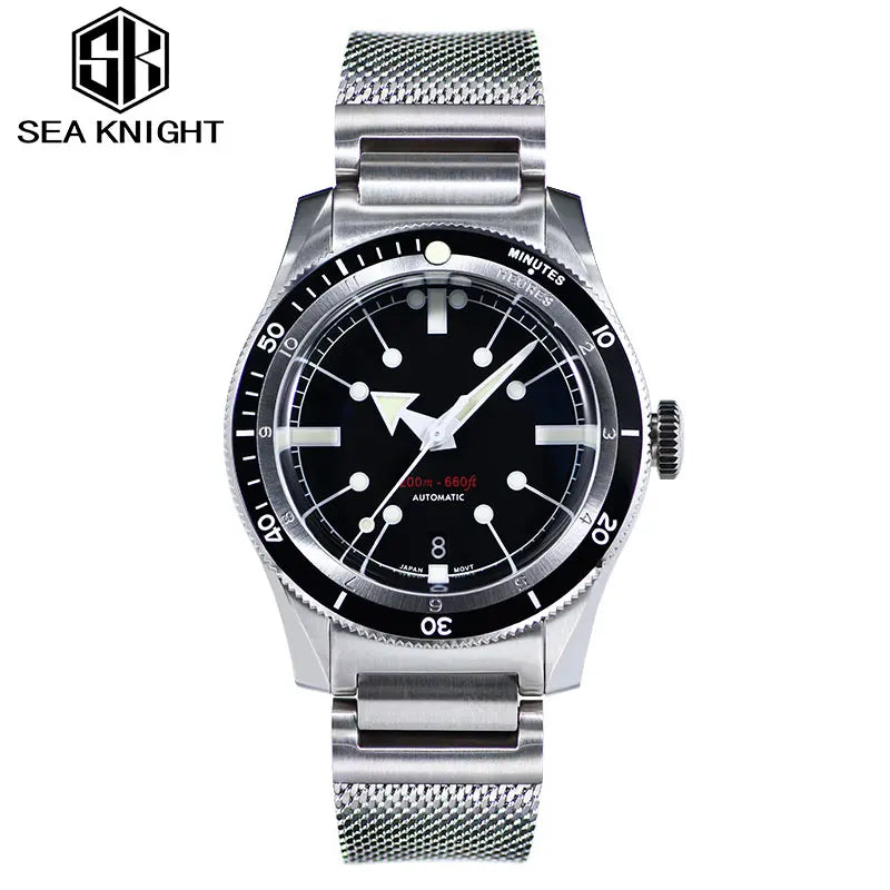SEA KNIGHT Men 200M Waterproof Diving Watch Sapphire Crystal 316L Steel Mesh Belt C3 Luminous NH35A Automatic Mechanical Watch