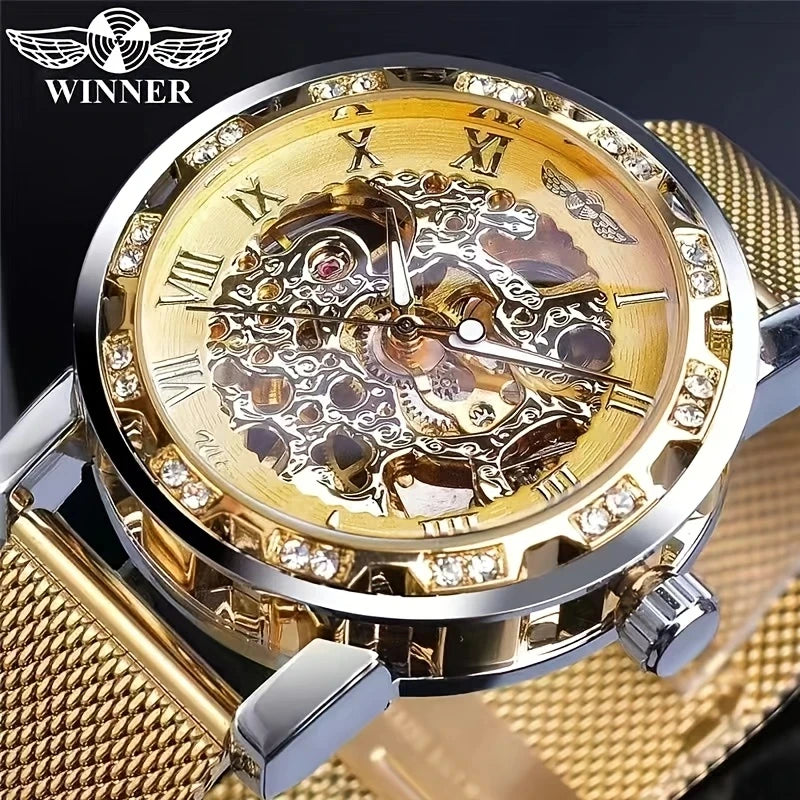 1 Piece of Men's Fashionable Diamond-Encrusted Manual Mechanical Watches, Cut Out Design Mesh Strap Watches, Fashionable, Casual, Versatile and Handsome Male Student Watches, High-Looking Gifts, First Choice Gifts, No Batteri