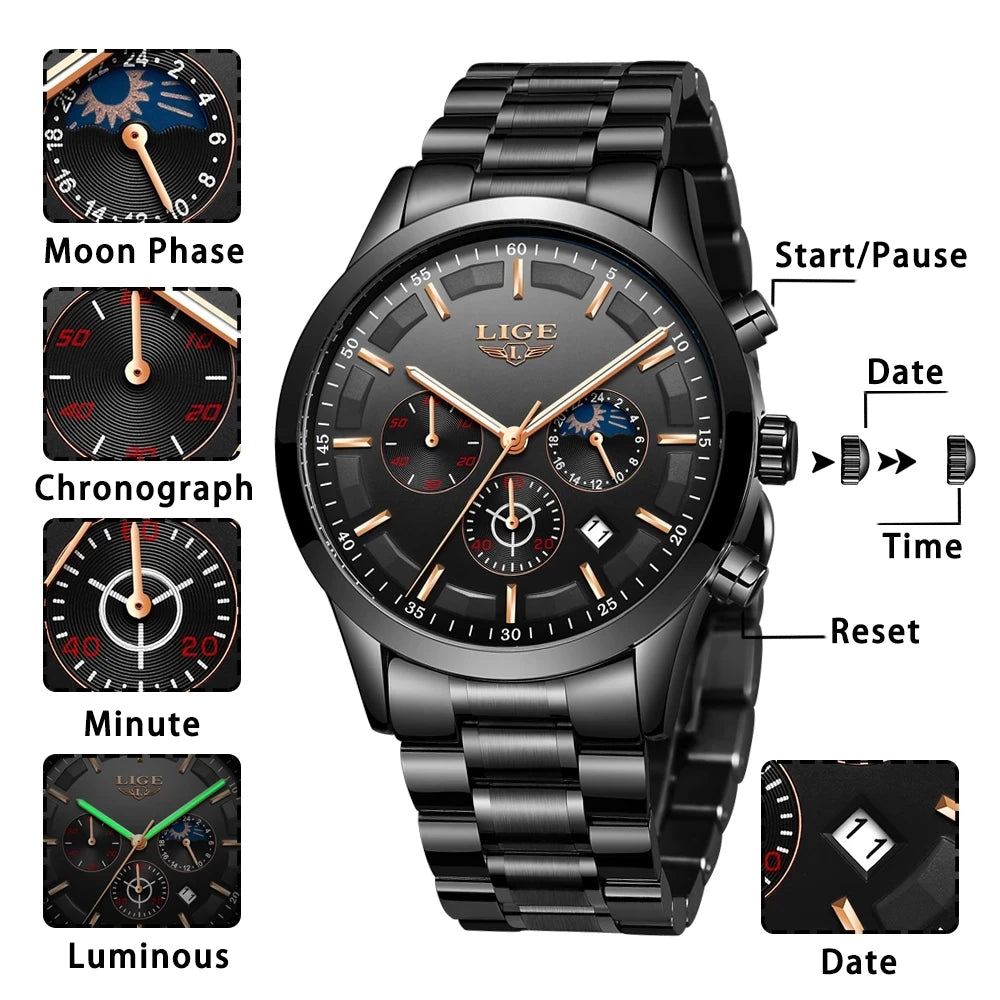 LIGE Business Watches Mens Top Brand Luxury Quartz Wristwatch 3Bar Waterproof Chronograph Luminous Watch for Gentleman Gift+Box