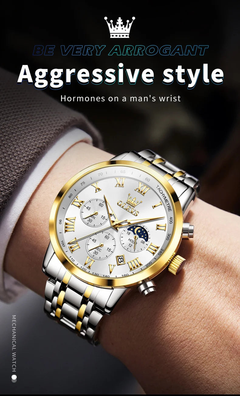 OLEVS 5529 Luxury Quartz Watch For Men Roman Scale Moon Phase Chronograph Man Watches Waterproof Luminous Calendar Wrist Watch