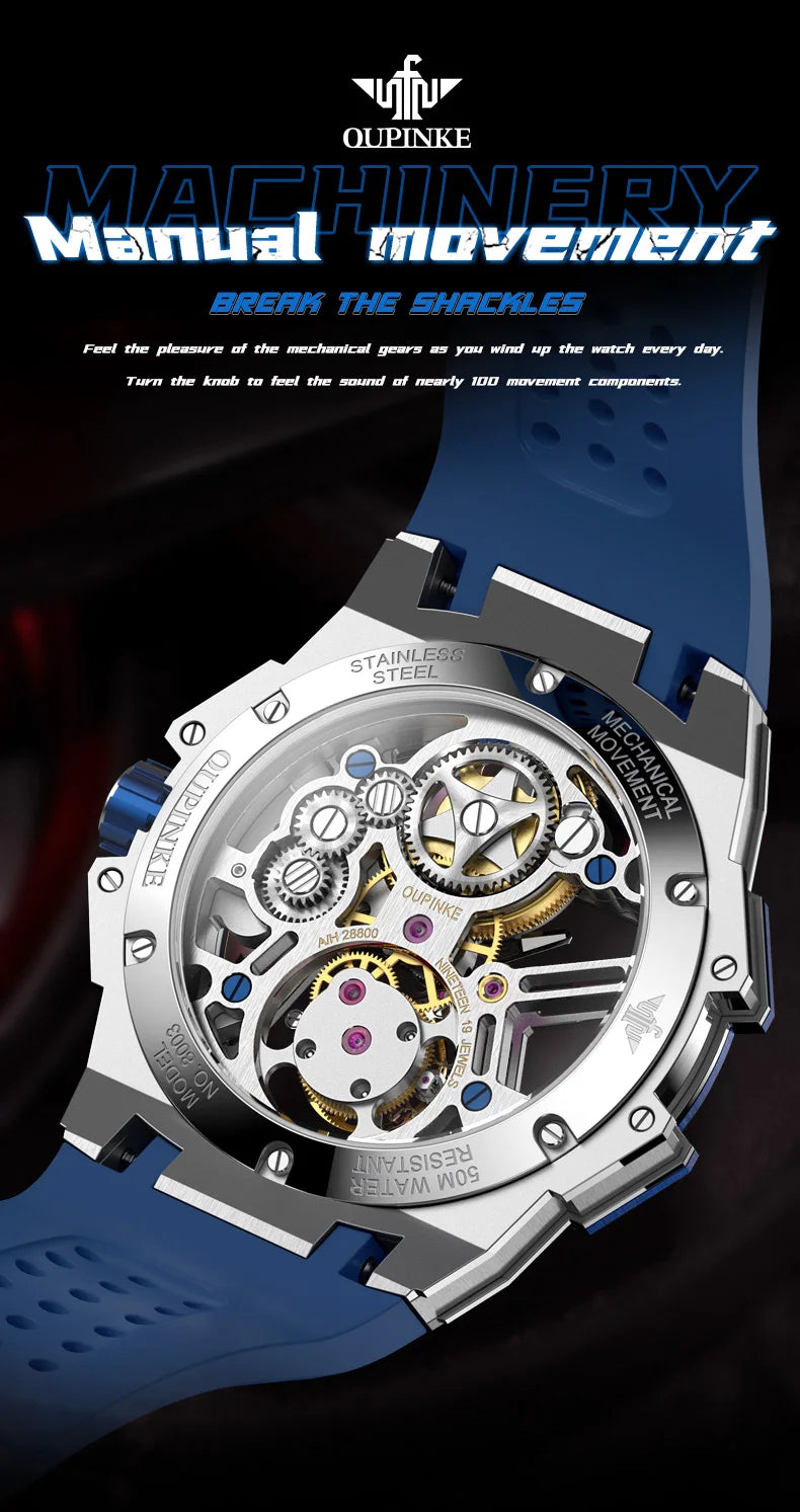 OUPINKE 8003 Tourbillon Men Watch Luxury Brand Hollow out Automatic Mechanical Watch Silicone Waterproof Sapphire Mirror Watch