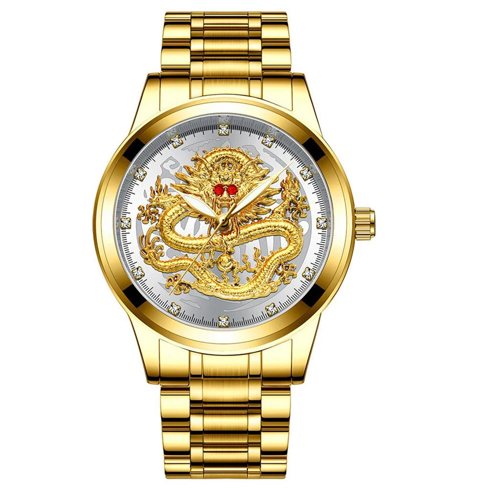 POSHI Stainless Steel Fashion Quartz Watch Gold Dragon Men's Watches Luxury Original Design Waterproof Quartz Movement Clock