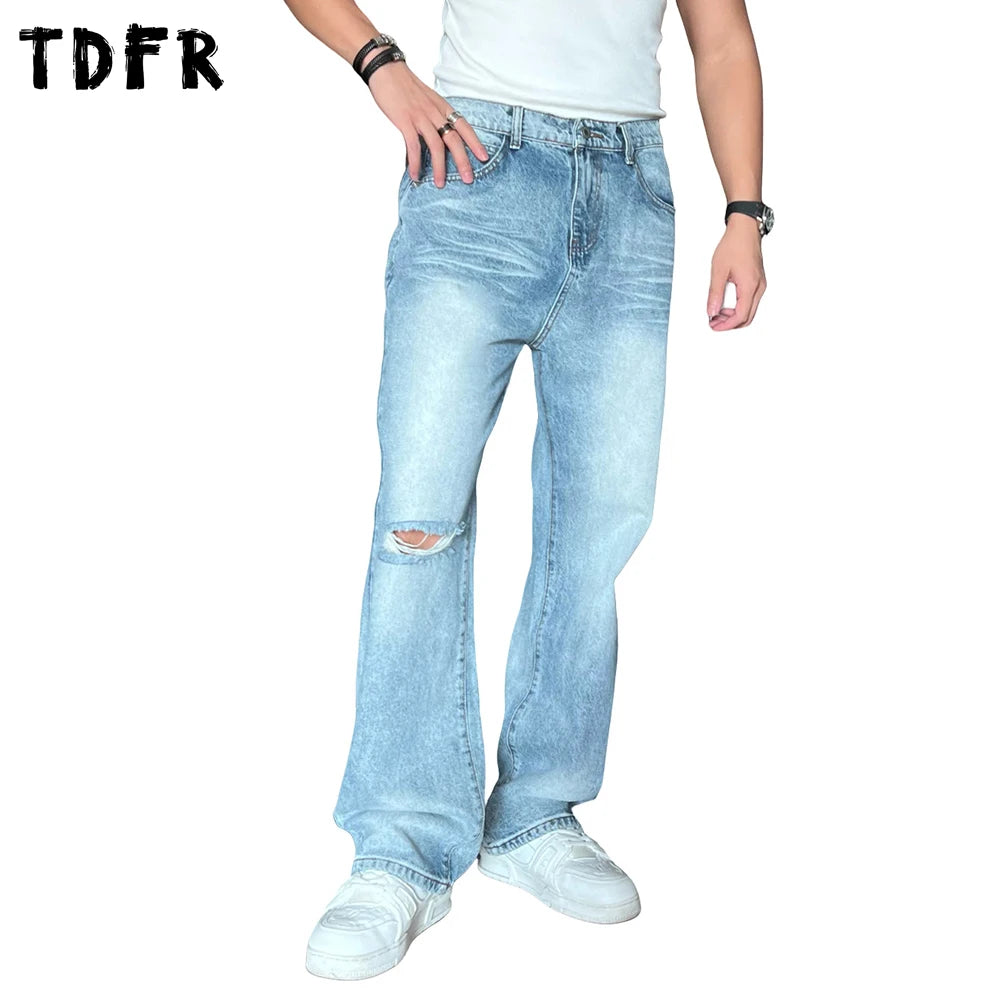 Ripped Denim Pants Mens Washed Distressed Retro Streetwear Baggy Straight Wide Leg Jeans Men
