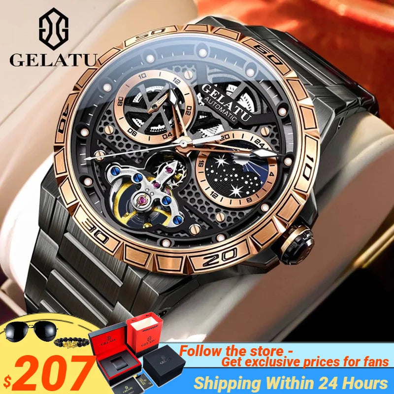 GELATU 6020 Trend Men's Watches Multifunctional Automatic Mechanical Watch for Men Flywheel Hollow out Moon Phase Wristwatch Man