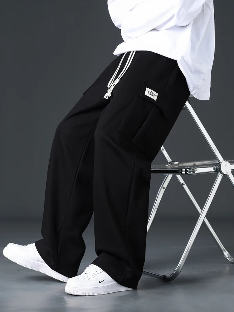 Autumn Men's Baggy Wide-leg Pants Outdoor Jogging Sweatpants Loose Straight Fashion Korean Casual Trousers Streetwear Black Gray
