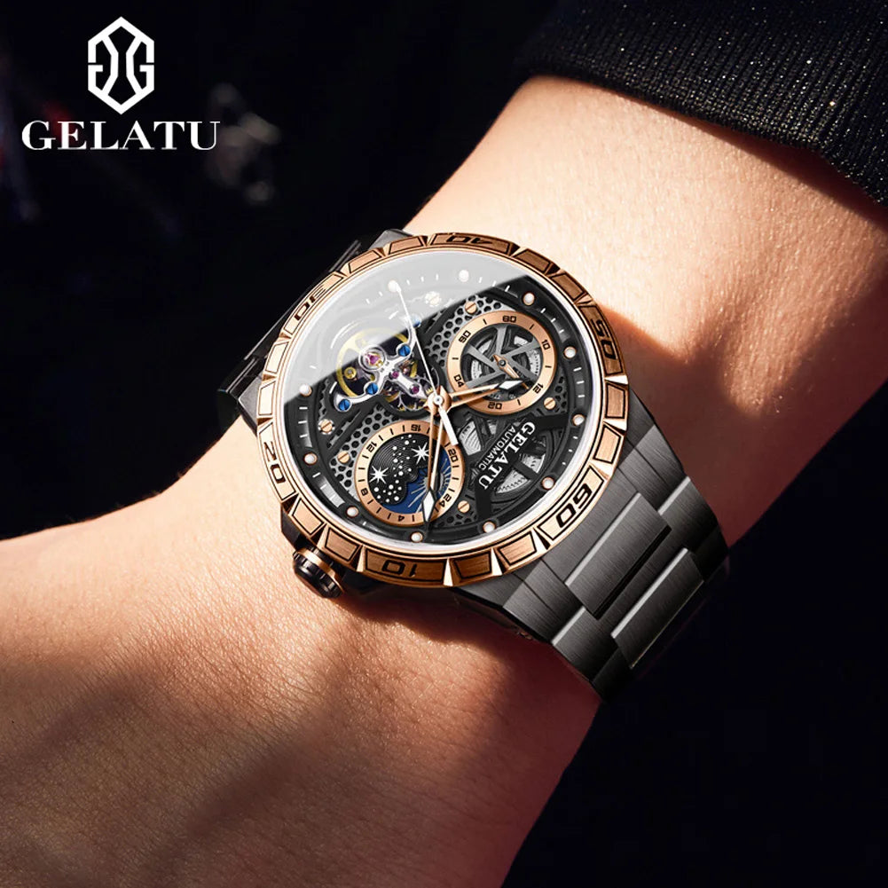 GELATU 6020 Trend Men's Watches Multifunctional Automatic Mechanical Watch for Men Flywheel Hollow out Moon Phase Wristwatch Man