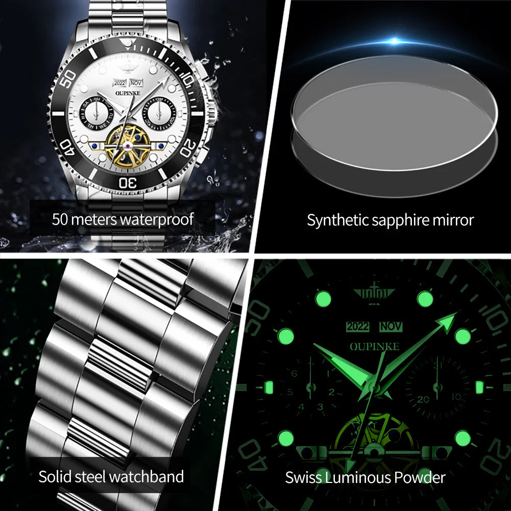 OUPINKE Automatic Mechanical Watches for Men White Black Panda Eye Skeleton Luxury Top Brand Sapphire Mirror Male Diving Watches
