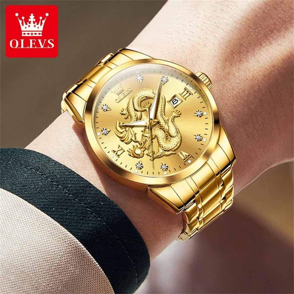 OLEVS 3619 Mens Watch Top Brand Fashion Original Quartz Watch for Man China Loong Dragon Dial Waterproof Luminous Date Reloj