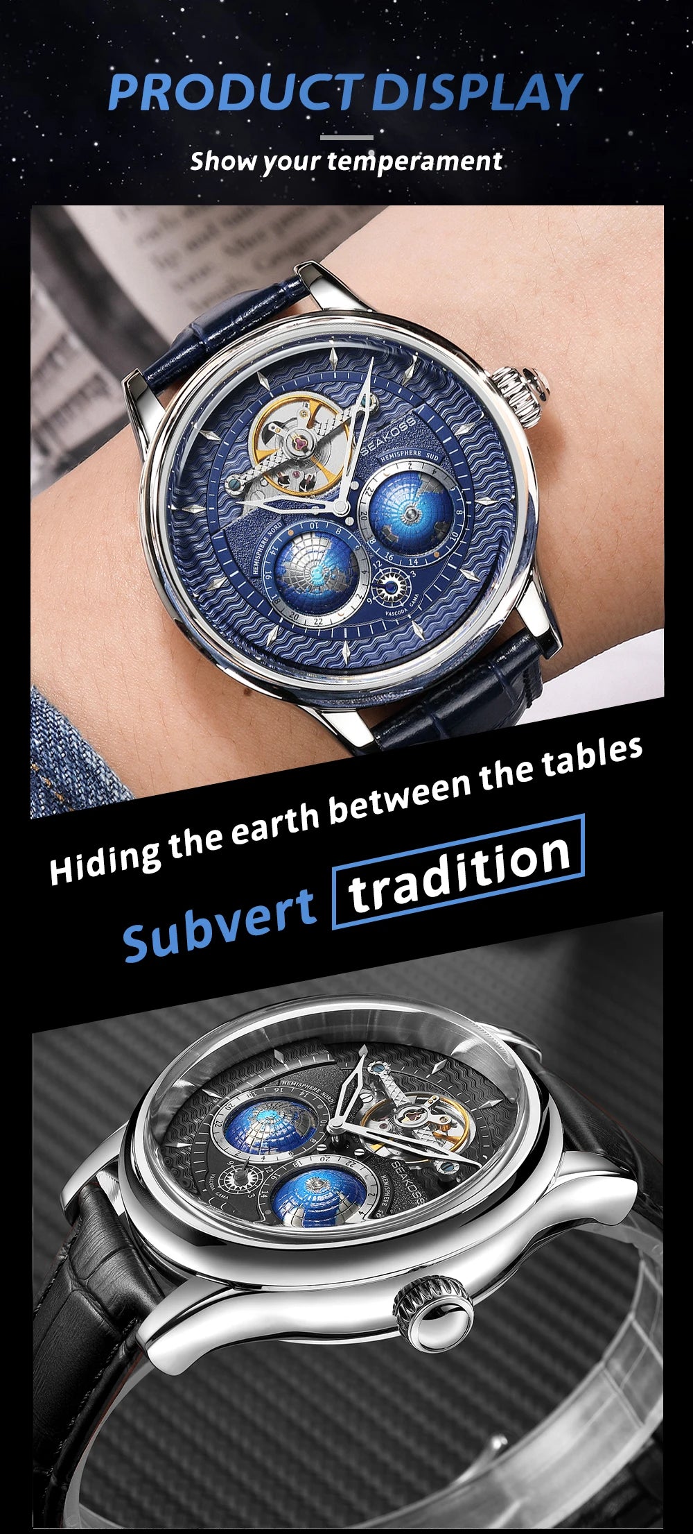 SEAKOSS Luxury Double Earth Rotating Men's Mechanical Watch Automatic Movement Waterproof Clock Pilots Men 1963 Flywheel Watches