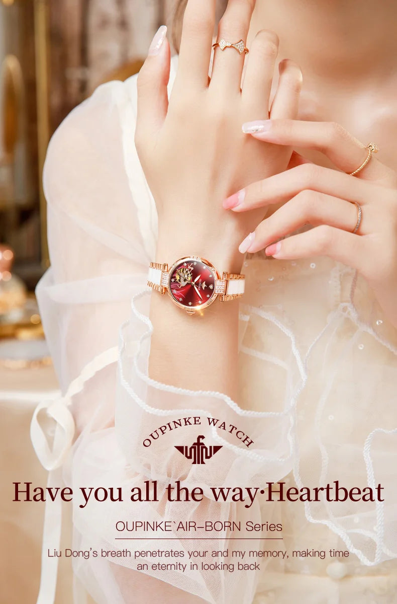OUPINKE 3211 Women's Watch Elegant Rose Gold Diamond Ceramic Automatic Machinery Women's Watch Luxury Brand Women's Bracelet Set