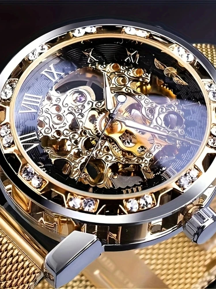 1 Piece of Men's Fashionable Diamond-Encrusted Manual Mechanical Watches, Cut Out Design Mesh Strap Watches, Fashionable, Casual, Versatile and Handsome Male Student Watches, High-Looking Gifts, First Choice Gifts, No Batteri