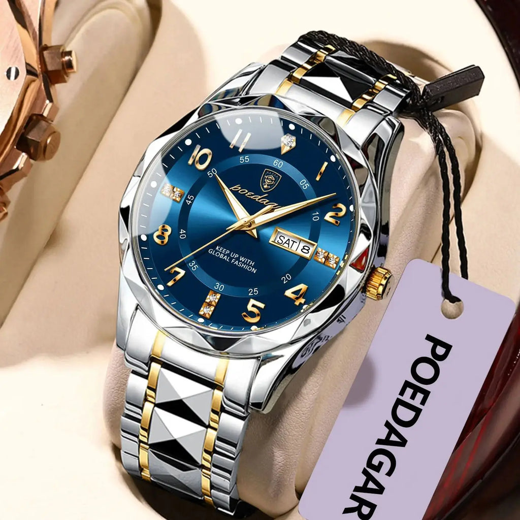 POEDAGAR Luxury Men Watch Waterproof Date Week Luminous Fashion Wristwatch Stainless Steel Quartz Sport Men's Watches Male Reloj