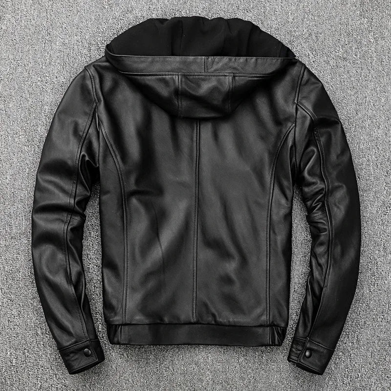 Men's Hooded Leather Jacket 100% Genuine Sheepskin Motorcycle Black Coat Male Hoodies Clothes Spring Hat Leather Jacket Men