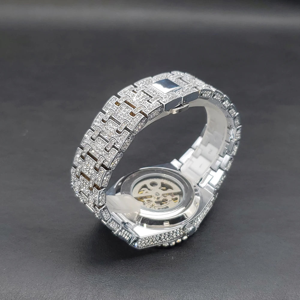 Automatic Watch For Men Luxury Full Ice Out Business Tourbillon Watches Bling Diamond Gold Male Mechanical Wristwatch Hot Sale