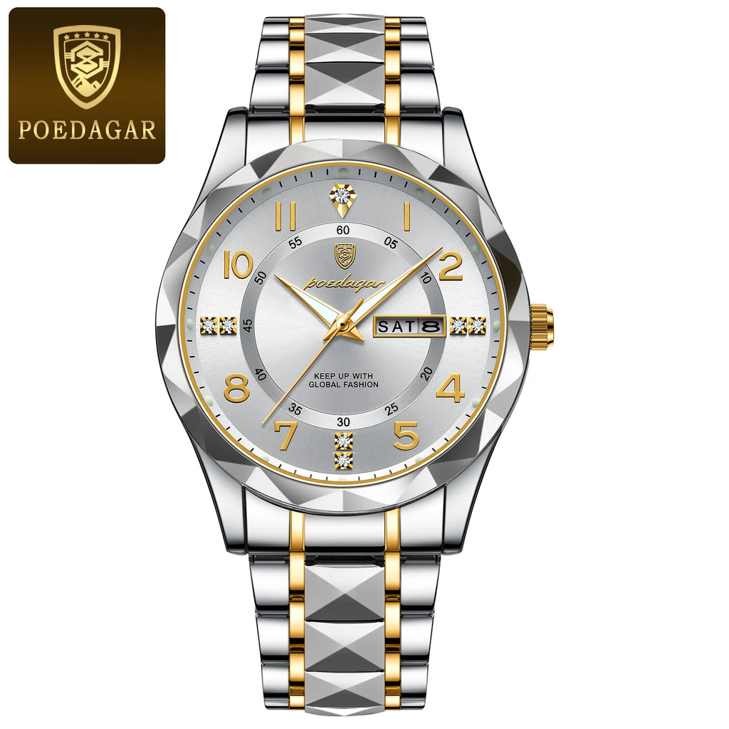 POEDAGAR Luxury Men Watch Waterproof Date Week Luminous Fashion Wristwatch Stainless Steel Quartz Sport Men's Watches Male Reloj